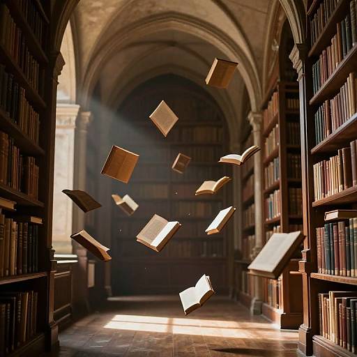 Photograph of an old library with sunlit arches; floating, open books suspended mid-air between tall, wooden bookshelves.