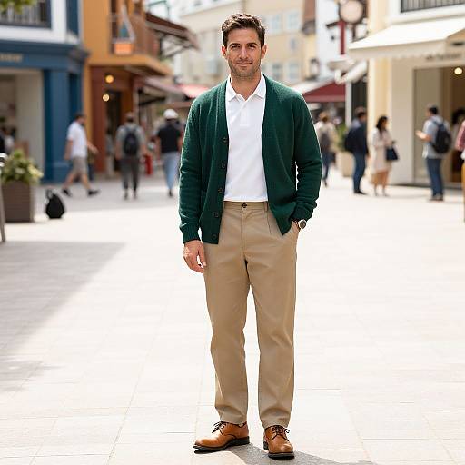 Photograph of a handsome man with short brown hair, wearing a green cardigan, white shirt, beige pants, and brown shoes, standing confidently on