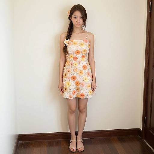 Young Asian woman with long black braid, wearing a white floral dress, standing against a plain white wall, wooden floor.