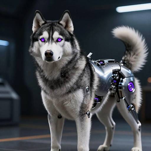 Futuristic Cybernetic Husky with Violet Eyes
