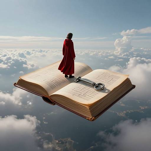 Digital artwork: Silhouetted figure in red cloak stands on giant open book floating in clouds, with metallic object on book's page.