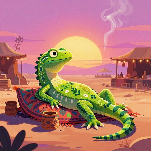 Digital illustration of a green, patterned iguana lounging on a colorful blanket in a desert sunset, smoking a pipe, with two tents and