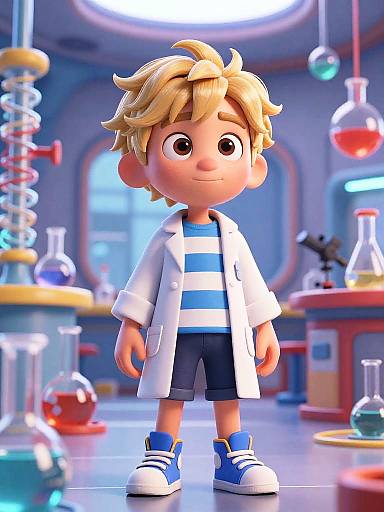 3D Cartoon Boy in Futuristic Lab