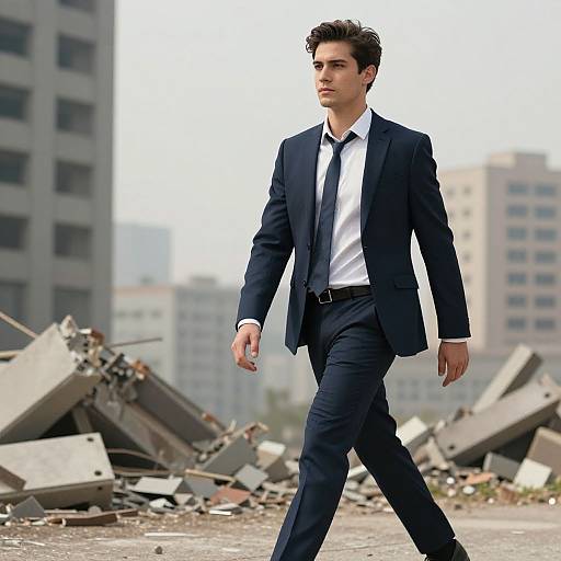 Photograph of a handsome, dark-haired man in a navy suit, white shirt, and black tie, walking through a debris-strewn urban lot