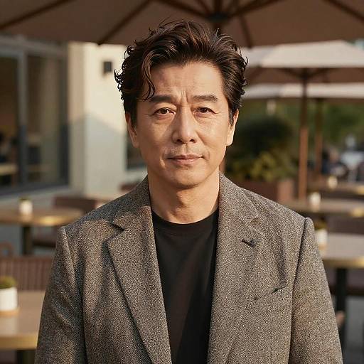 Photograph of a middle-aged Asian man with short, wavy black hair, wearing a gray tweed blazer over a black shirt, smiling subtly