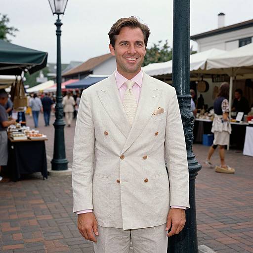 Photograph of a smiling man in a white double-breasted suit with pink shirt, standing in a bustling outdoor market.
