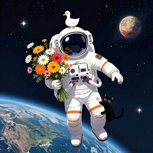 Digital artwork: Astronaut in white spacesuit with bird on helmet, holding colorful flower bouquet, floating in space above Earth, with black cat below,