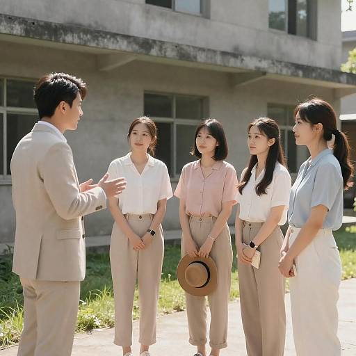 Casual Group Portrait by Concrete Building