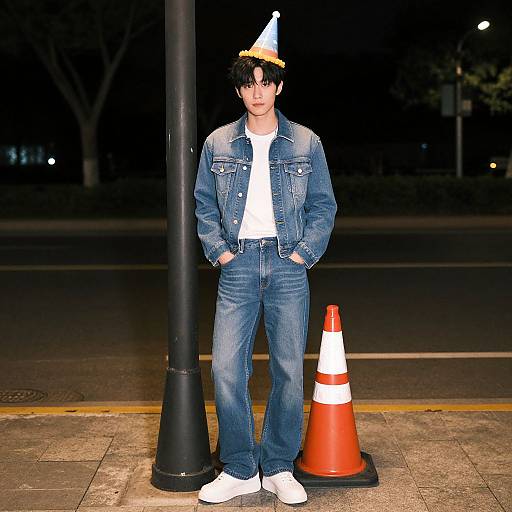 Photograph of a young man with black hair, wearing a blue denim jacket, jeans, white shirt, white sneakers, and a party hat, standing