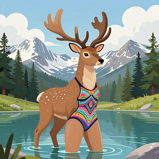 Anthropomorphic Deer in Mountain Lake