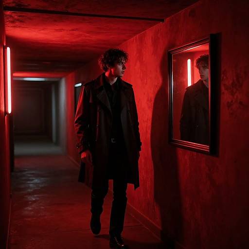 Photograph of a man with curly hair, wearing a long black coat, standing in a red-lit, narrow corridor, reflected in a mirror with