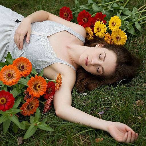 Photograph of a fair-skinned woman with brown hair, wearing a white lace dress, lying on grass surrounded by vibrant orange and yellow flowers, eyes