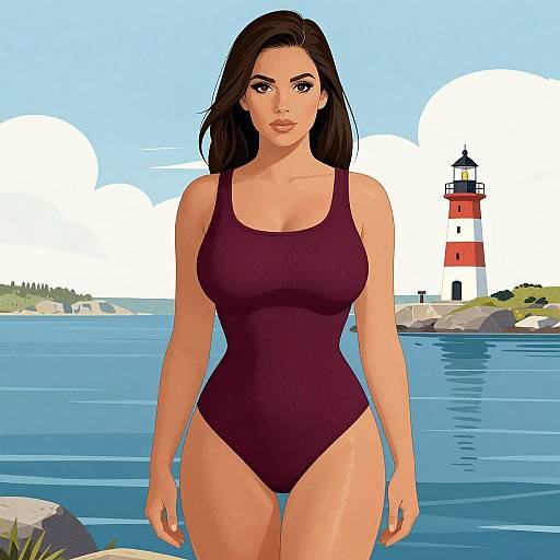 Digital artwork of a curvy woman with long brown hair, wearing a purple one-piece swimsuit, standing in a blue lake with a red-and-white