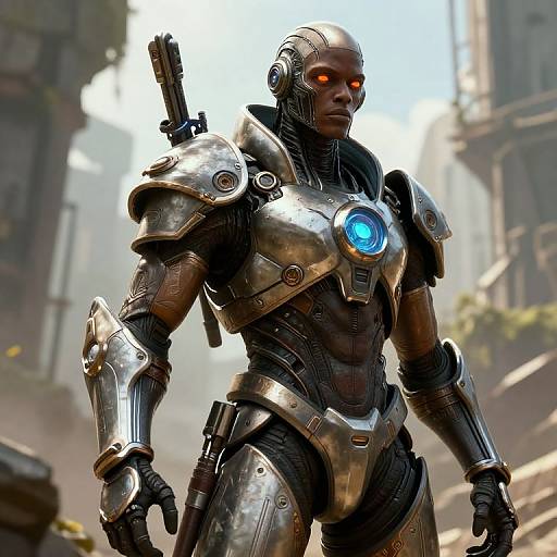 Photorealistic CGI of a muscular, black robotic soldier with glowing orange eyes, silver armor, blue chest emblem, and gun on back, standing in