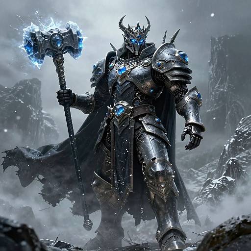 Digital artwork of a powerful, armored, horned warrior with glowing blue eyes, holding a lightning-embered hammer, standing in a snowy, rocky