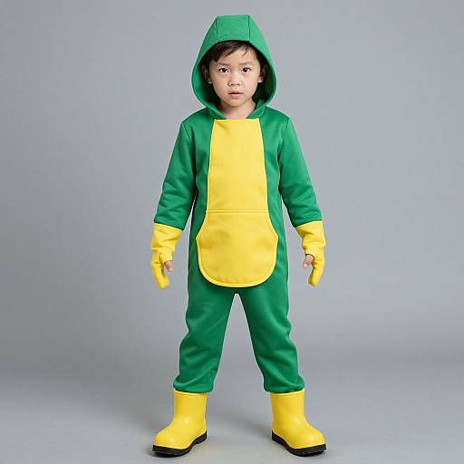 Photograph of a young child in a green and yellow superhero costume with hood, yellow gloves, and boots, standing against a plain gray background.