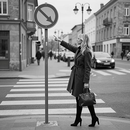 Woman Pointing at Traffic Sign on Zebra Crossing