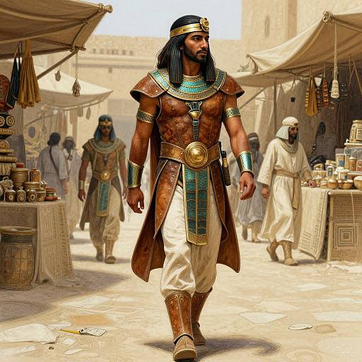 Digital artwork of a muscular, dark-skinned Egyptian pharaoh with black hair, adorned in detailed gold and turquoise armor, walking through a bustling ancient market