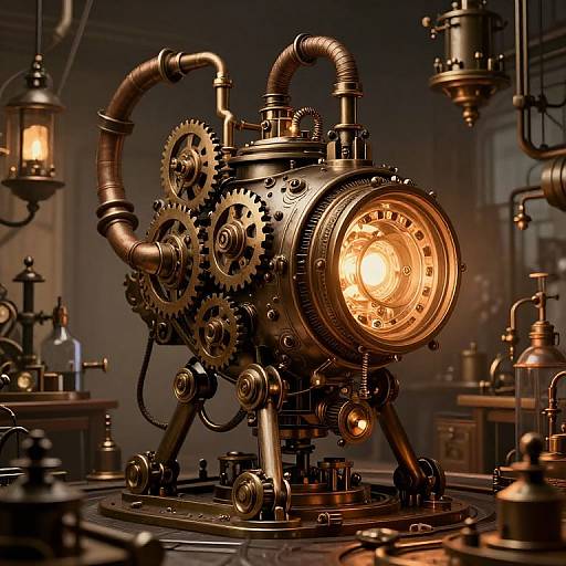 Steampunk-style CGI image of a glowing, brass mechanical device with gears, pipes, and a bright orange light, set in a dimly-l