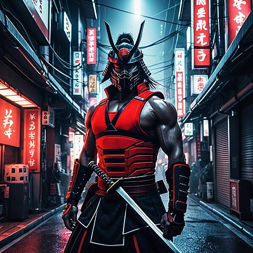 Futuristic Samurai Warrior in Neon Tokyo Alley