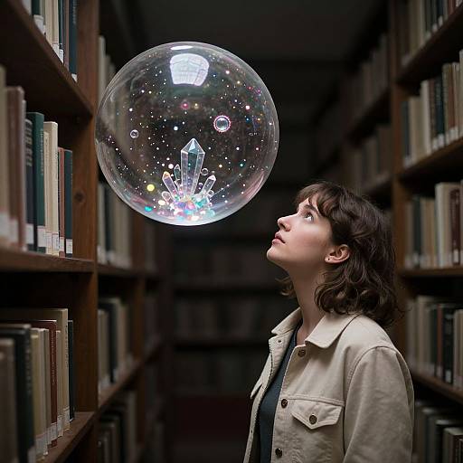 Photograph of a young woman with shoulder-length dark hair, wearing a beige jacket, gazing at a glowing, crystal-like bubble floating in a dim