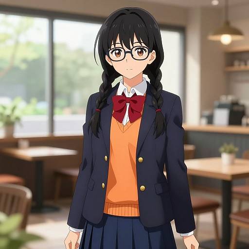 Confident Anime Schoolgirl in Cozy Café
