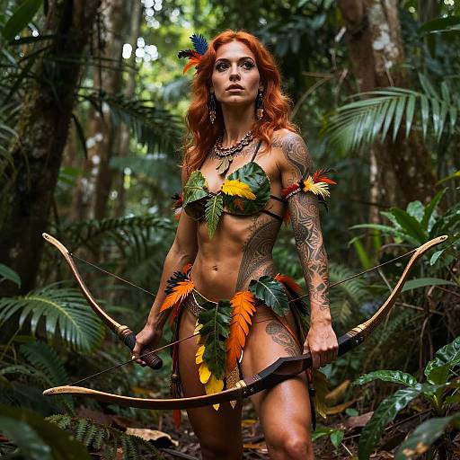 Photograph of a tattooed, red-haired woman in a jungle, wearing leaf and feather tribal attire, holding a bow with vibrant orange and yellow feathers