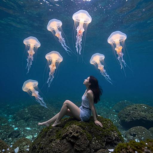 Photograph of a woman with long brown hair, white tank top, and blue shorts, sitting on a rock, surrounded by glowing jellyfish in a