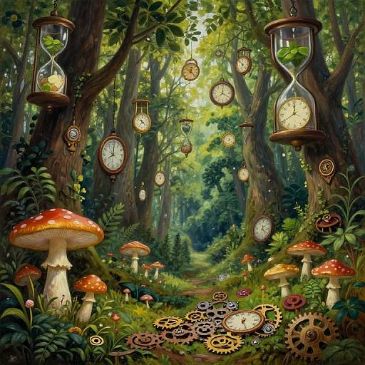 Fantasy forest scene with glowing clock lanterns, red-capped mushrooms, and gears scattered on a lush, sunlit forest path. Digital art.