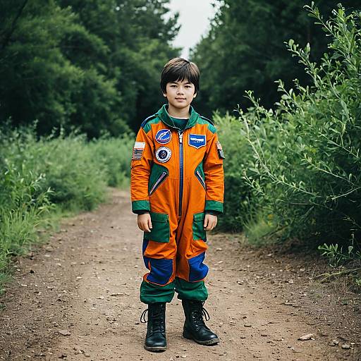 Boy in Flight Suit on Dirt Road