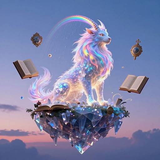 Digital art of a glowing white wolf with rainbow mane, sitting on a crystal island, surrounded by floating books and ornate frames, against a twilight sky