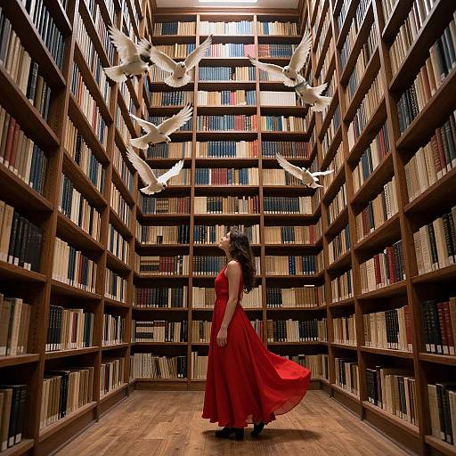 Photograph of a woman in a flowing red dress standing in a library with wooden shelves filled with books, surrounded by white doves flying above her.