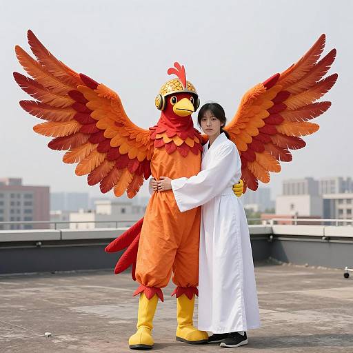 Person in Bird Costume with Companion on Rooftop