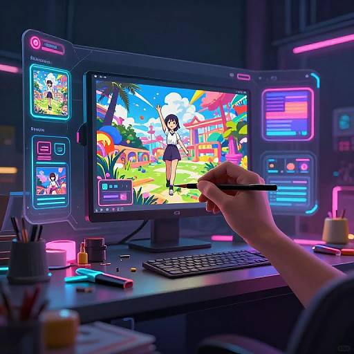 Neon-lit gaming station with a hand drawing on a vibrant, colorful video game screen featuring a girl in a skirt.
