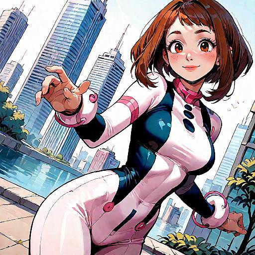 Digital anime-style illustration of a smiling young woman with brown hair in a tight white and black futuristic bodysuit, set against a cityscape with tall