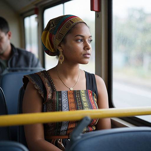 Photograph of a Black woman with dark skin, wearing a colorful, patterned dress and headscarf, seated on a bus, looking to the