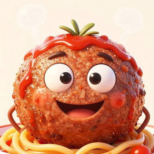 Photorealistic CGI of a smiling, meatball character with big eyes, tomato sauce drizzle, green stem, and pasta, against a white background