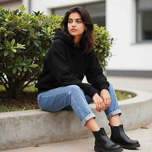 Photograph of a young woman with medium brown skin, dark wavy hair, wearing a black hoodie, light blue cuffed jeans, and black ankle