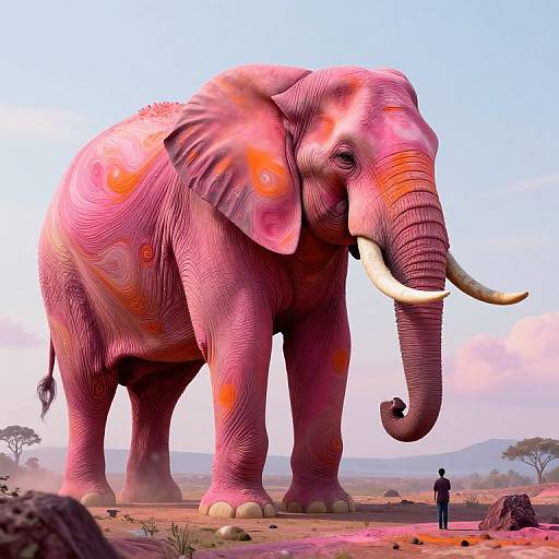 Digital artwork of a large pink elephant with orange swirls, standing in a dusty savannah, towering over a small human figure.