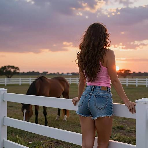 Woman Leaning on Fence at Sunset with Horses