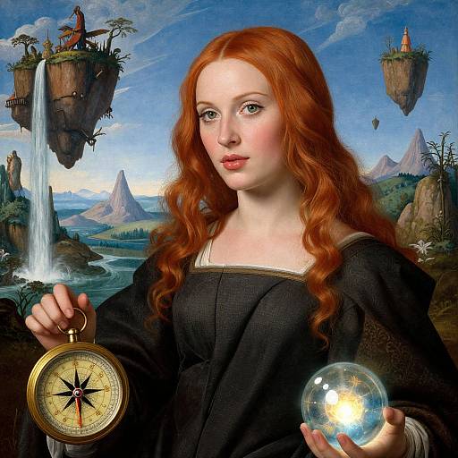 Digital painting of a fair-skinned redheaded woman with wavy hair, wearing a black dress, holding a compass and glowing orb, set against a