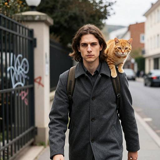 Man walking with orange tabby cat on shoulder