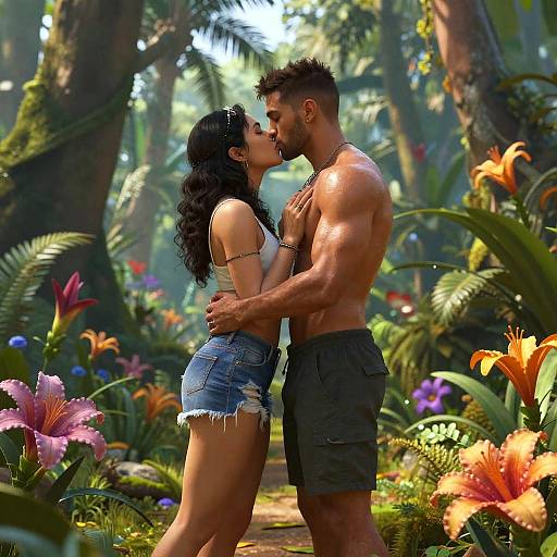 Passionate Couple in Tropical Rainforest