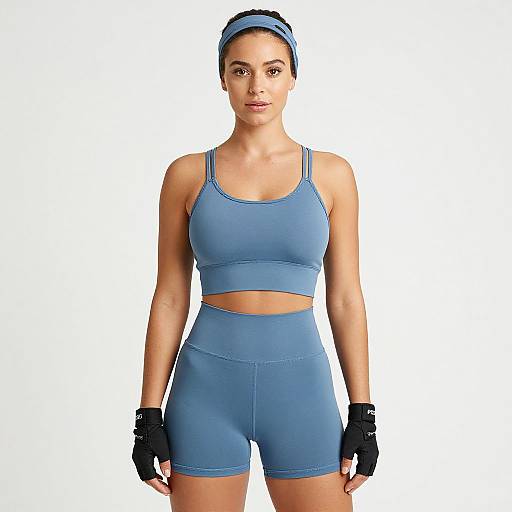 Photograph of a fit, light-skinned woman with dark hair in a blue headband, wearing a blue sports bra, high-waisted shorts