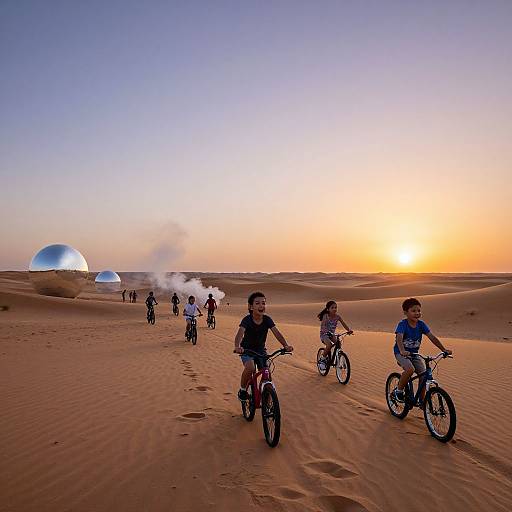 Photograph of children biking in a desert at sunset, with glowing domes in the background and a colorful sky.