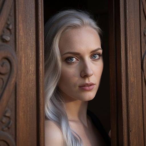 Photograph of a pale-skinned, blue-eyed woman with long silver hair, peering through intricately carved wooden window frames, with soft natural light
