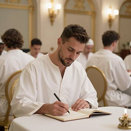 Man Writing in Notebook Wearing White Robe