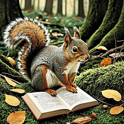 Squirrel on Open Book in Mossy Forest