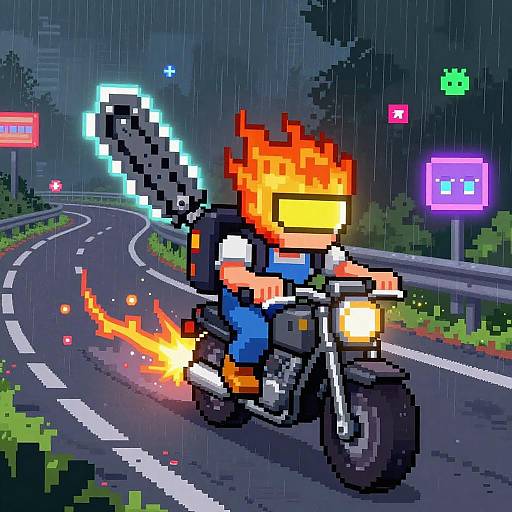 Pixel Chrome Biker in Neon Acid Rain