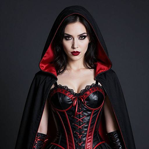 Photograph of a pale-skinned woman with dark hair, wearing a black and red corset, black cape with red lining, and red lipstick,